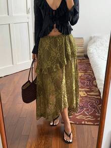 Sunnyshic Chân váy nữ ren phối ren, vạt lệch, xếp ly, cạp thấp. - xanh quân đội - Xem 1