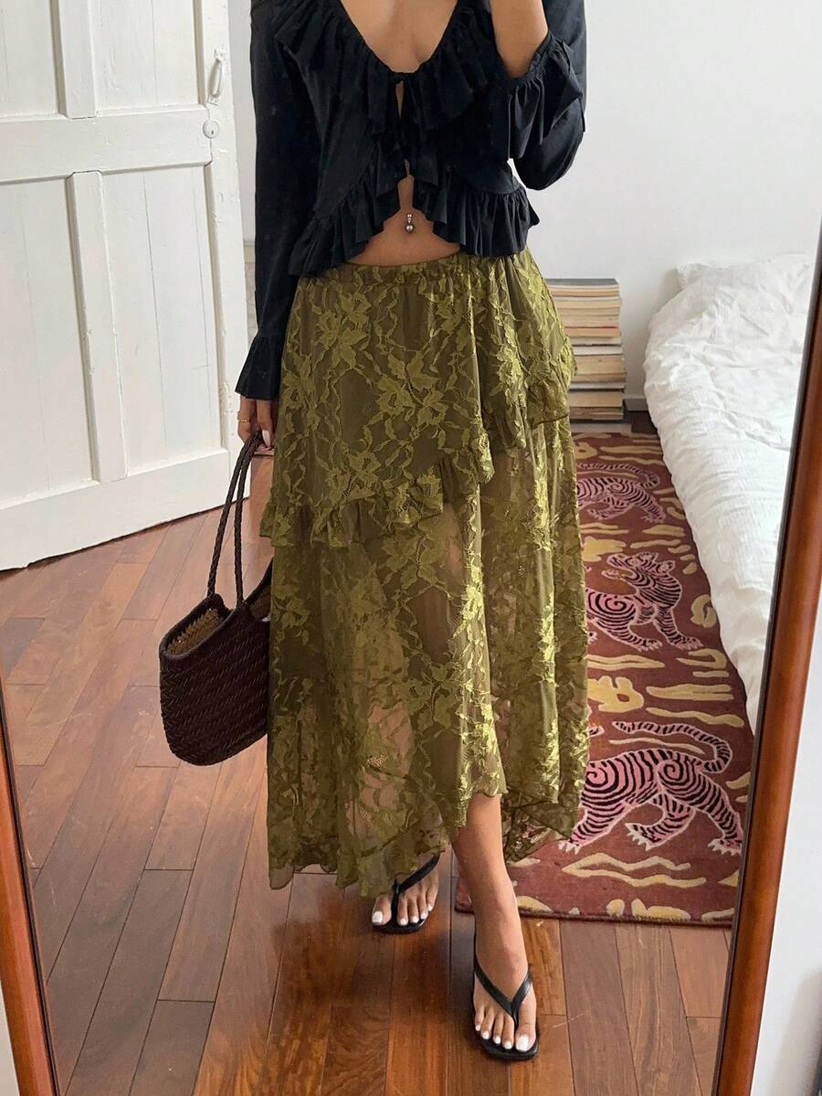 Sunnyshic Chân váy nữ ren phối ren, vạt lệch, xếp ly, cạp thấp. - xanh quân đội - Xem 1