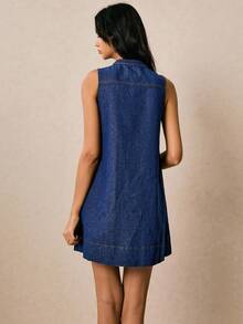 Poéselle 新款女式牛仔连衣裙半开襟无袖A字直筒连衣裙蓝色秋季服装法式休闲女士休闲连衣裙度假连衣裙返校节连衣裙外出连衣裙老款连衣裙返校生日女士连衣裙女士教师装 - 深色水洗藍 - 查看 2