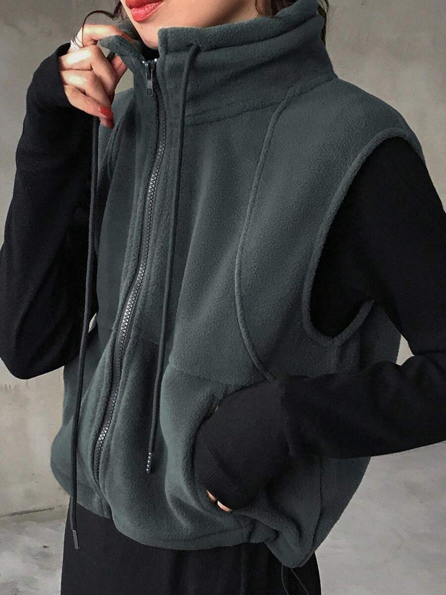 FRIFUL 女士休闲纯色立领无袖夹克，秋冬背心 - 深灰色 - 查看 1