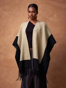 Zivah Black And Beige Autumn Elegant Club Women's Cape Style Woolen Tops,Asymmetrical Tassel Hemlines Elegant Set For Birthday Parties&Commuting,Versatile - Khaki - View 3