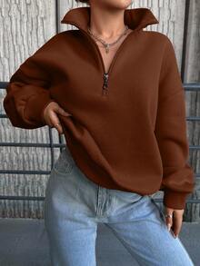EURMUSE Women'S Solid Color Drop Shoulder Zip Up Sweatshirt - Brown - View 6