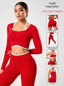Seamluxe SHEIN Sport Camiseta Esportiva Vermelha Sem Costura Feminina, 2 em 1 de Manga Longa, Adequada para Fitness, Yoga e Uso Diário