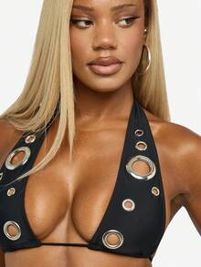 SUMWON WOMEN 露背比基尼套装孔眼侧系带沙滩装金属环细节泳衣夏季海滩泳池派对节日度假蜜月度假装泳装 - 黑色 - 查看 6