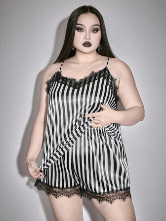 Goth Große Größen Pyjama-Set aus Camisole und Shorts mit Batikmuster und Spitzenbesatz