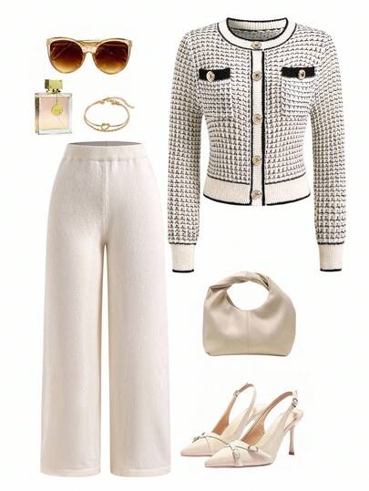 Ellevyn Conjunto de cardigan de manga larga y pantalones de punto con estampado total, ropa cómoda de otoño e invierno para mujeres