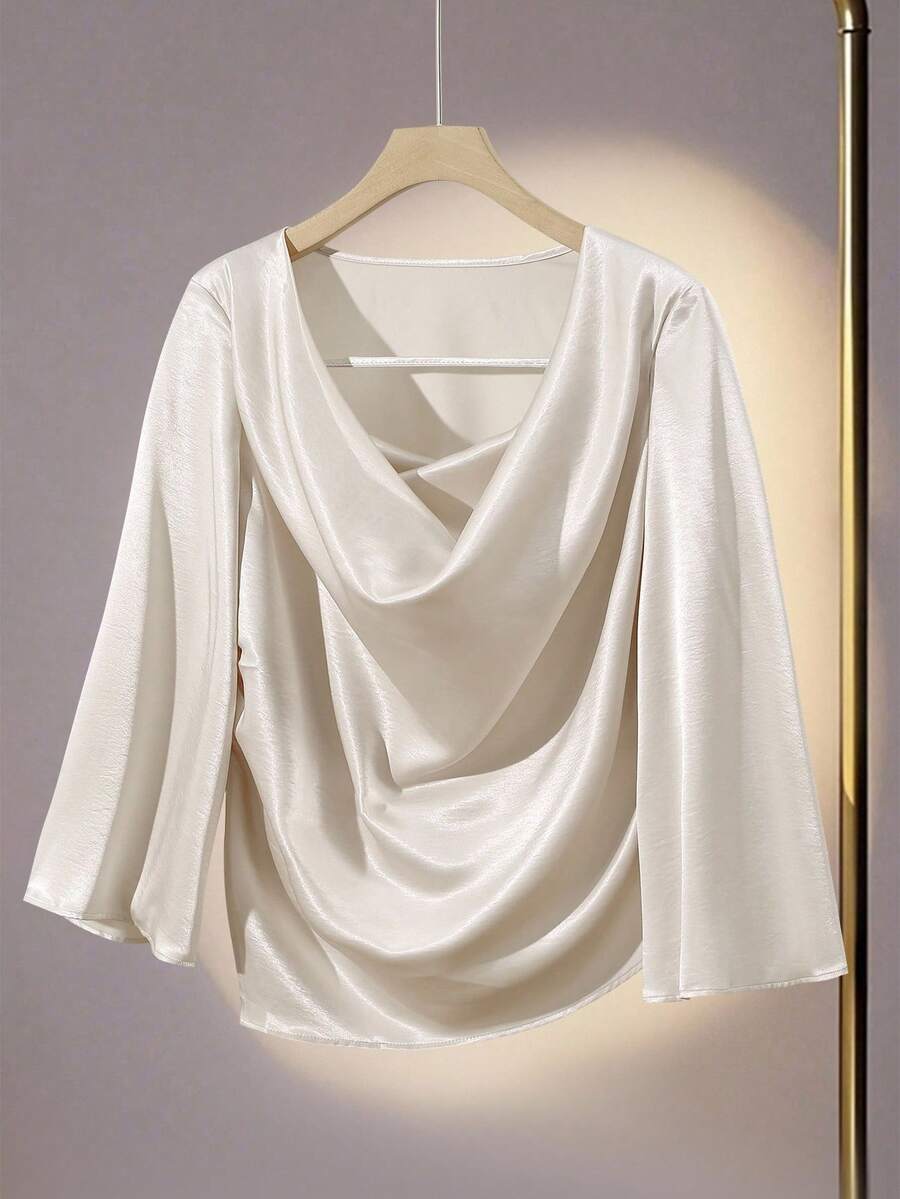 Modelyn Blusa de manga larga con cuello drapeado elegante y bajo asimétrico, moda elegante de talla grande - Beis - Ver 1