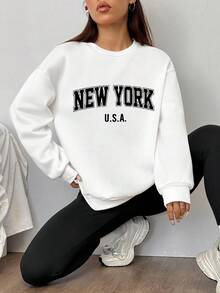 SHEIN EZwear 2pcs/Set Casual Loose Round Neck New York Letter Print Sweatshirt And Skinny Leggings, Suitable For Street Style, Chic,Fall
