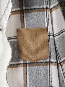 1 件休闲格子拼接灯芯绒领口袋夹克，适合青少年男孩，适合秋冬休闲装和学校 - 彩色 - 查看 5