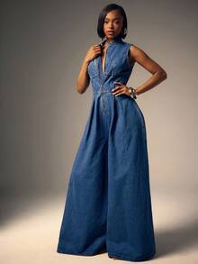 Denimoi Sleeveless Zip Front Wide Leg Denim Jumpsuit - Medium Wash - View 2