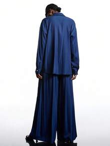 LYSMO Conjunto Casual de 2 Peças com Camisa de Manga Longa com Ombros Caídos e Calça Perna Larga Solta em Cor Sólida, Outono - Azul - Visão 2