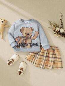 Souflis Souflis 2pcs/Set Baby Girl French Academy Style Light Gray Versatile Thick Sweatshirt Paired With Yellow Plaid Skirt, Autumn/Winter Fall - Grey - View 1