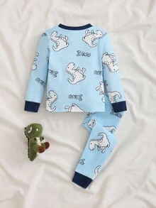 Conjunto de pijama de niño pequeño con estampado de dinosaurio de dibujos animados y letras, con cuello redondo, manga larga y pantalón de cintura elástica, para primavera/otoño - Celeste - Ver 2