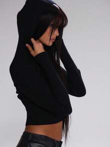 MUSERA Ribbed Knit Thumb-Hole Detail Fitted Hooded Jumper Cute Back To School Casual Work Streetwear Sporty Work Wear Corporate Run Evening Party Elegant - Black - View 2
