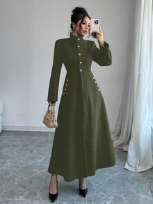 Selianne Women's Solid Color Regular Shoulder Long Sleeve Fashionable Turtleneck Long Overcoat - Army Green - View 4
