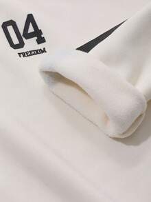 DAZY 女士休闲加厚撞色条纹字母印花T恤，带保暖内衬，秋冬长袖女式上衣，保暖内衬 - 米色 - 查看 1