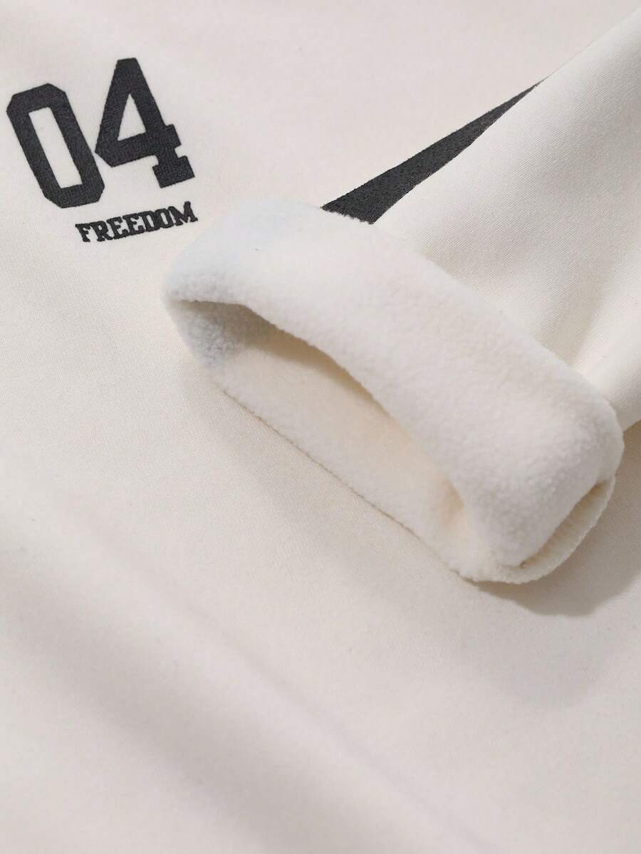 DAZY 女士休闲加厚撞色条纹字母印花T恤，带保暖内衬，秋冬长袖女式上衣，保暖内衬 - 米色 - 查看 1