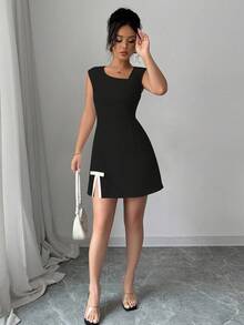 Rafferiza Boat Neck Color Block Patchwork Open Slit Bowknot Dress Fall Cloth For Women - Black - View 7