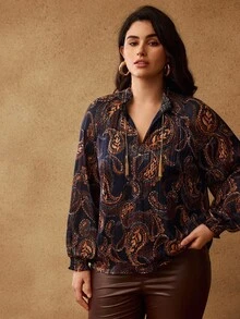 PREMIUM 大码佩斯利印花流苏灯笼领长袖衬衫，波西米亚风，秋冬 - 彩色 - 查看 4