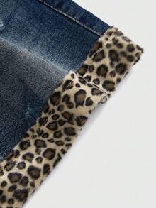 ROMWE Kawaii Y2K Subculture Retro Sexy Leopard Print Patchwork Bow Denim Mini Skirt, Deep Blue - Blue - View 4