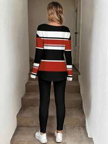 SHEIN LUNE Lässiger minimalistischer Stil Collegiate Nautical gestreifter Herbst Kontrast gestreifter sportlicher Damen Bedrucktes Hemd geeignet für Urlaub, Collegiate Stil, Collegiate Streifen, Old Money Stil, Old Money Kleid, Homecoming Kleid, Herbst/Winter Langarm T-Shirt und Leggings Damen 2 Stücke Set