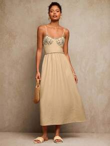 Travachic 女式休闲度假风格刺绣后背系带长吊带连衣裙，夏季 - 卡其色 - 查看 7