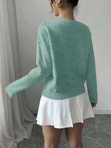 Elenzga Women's Crew Neck Floral Pattern Solid Color Pullover Sweater - Mint Green - View 2