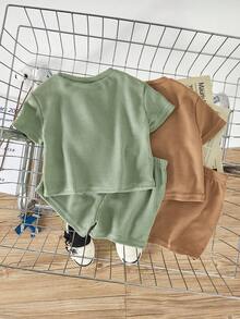 Loomiva Baby Boy 4pcs/Set Solid Color Short Sleeve Pullover Top And Casual Shorts - Multicolor - View 3