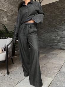 DAZY 女士休闲牛仔套头衫和直筒裤套装 - 黑色 - 查看 3