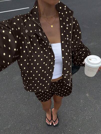 Muchica 2025 Autumn Women's Polka Dot Print Long Sleeve Zip-Up Jacket And Shorts Casual Loose 2-Piece Set, Y2K Style Back To School 2000s Streetwear, Grunge And Punk Fashion Brown