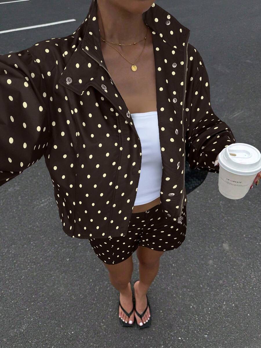 Muchica 2025 秋季女式波点印花长袖拉链夹克和短裤休闲宽松两件套，Y2K 风格返校 2000 年代街头服饰、垃圾摇滚和朋克时尚 - 彩色 - 查看 1