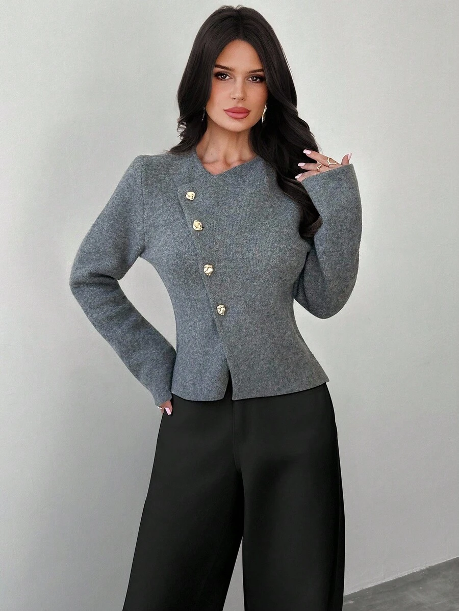 Firerie 女式深 V 领金属纽扣长袖毛衣上衣，日常通勤针织衫，春秋冬新品