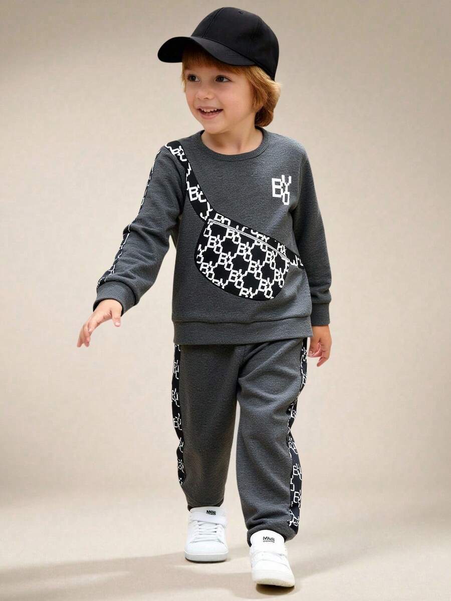 SHEIN Explorewe 2pcs/Set Young Boy Graphic Print Crossbody Bag, Sweatshirt And Sweatpants Casual Outfit Fall Winter - Grey - View 1