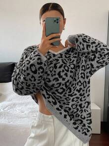 DAZY Women's Loose Casual Gray Leopard Print Sweater, Autumn/Winter - Grey - View 4