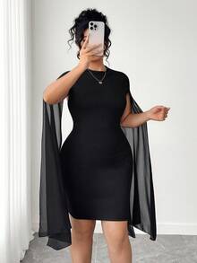 SHEIN PETITE CURVE 大码女式优雅纯色斗篷袖直筒连衣裙，适合通勤 - 黑色 - 查看 3