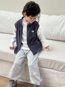 Genkimix Kids 3pcs/Set Young Boy Navy Polar Fleece Vest And White Long Sleeve T-Shirt And Grey Jogger, Kids Jogger Set Autumn And Winter Fall - Multicolor - View 1