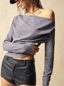 SHEIN BohoFeels Áo thun boho cổ thuyền tay dài màu trơn đơn giản dành cho nữ - Xám - Xem 4