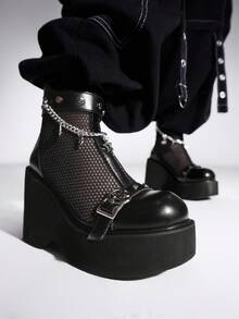 Sugerpunk Women's Fashion Thick-Soled Wedge Heel Ankle Boots, Gothic Star Metal Chain Double Strap Buckle Back Zipper, Black Punk Style Thick-Soled Wedge Heel Ankle Boots - Black - View 9