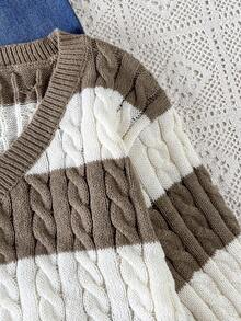 SHEIN Tween Girls Striped Color Block Cable Knit V-Neck Lantern Sleeve Oversized Pullover Sweater, Suitable For Autumn/Winter Outings Fall - Khaki - View 7