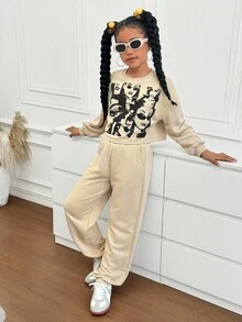 SHEIN Tween Girls Portrait Print Sweatshirt And Sweatpants 2 Pieces Set,Beige Autumn Casual School Back-To-School Loose Drop Shoulder Crew Neck Long Sleeve - Apricot - View 6