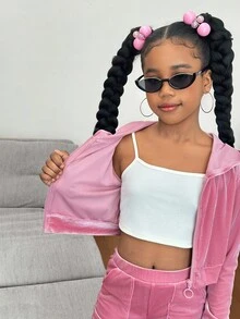 SHEIN 青少年女孩天鹅绒连帽衫和运动裤套装，休闲运动服