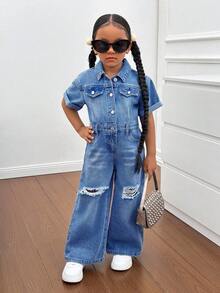 SHEIN 年轻女孩蓝色牛仔破洞衬衫式连体裤，酷炫街头造型 - 中等水洗藍 - 查看 4