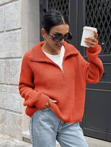 EURMUSE Woman Zipper Collar Loose Fit Comfy Warm Sweater - Burnt Orange - View 7