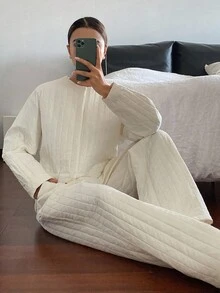 DAZY 女士休闲宽松加厚两件套，秋冬家居服套装 - 米色 - 查看 6