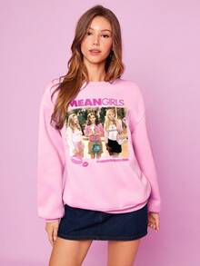 Mean Girls | SHEIN Women's Casual Fashion Street Personalized & Letter Print Dropped Shoulder Loose Pullover Sweatshirt, Spring/Autumn - Baby Pink - View 1