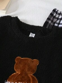 Teenage Boys' Black Plush 3D Bear Embroidered Long Sleeve Top And Classic Plaid Plush Pants Casual Pajama Set - Multicolor - View 4