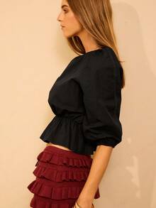 Aralina 秋冬 100% 纯棉 3/4 袖泡泡袖衬衫，褶皱收腰，袖子饰有蕾丝花边，女士优雅别致衬衫，斯德哥尔摩风格和女士工作服 - 黑色 - 查看 3