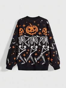 ROMWE Fairycore Women Vintage Halloween Pumpkin & Skull Embellished Jacquard Loose Knit Sweater - Multicolor - View 2