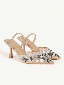 CUCCOO CHICEST Sapatos femininos de salto agulha com renda bordada floral champanhe, bico fino, salto médio, elegante, romântico, vintage, salto alto, mule, slip-on, adequados para convidadas de casamento, ocasiões formais, Halloween, Natal, Ação de Graças - Ouro - Ver 2