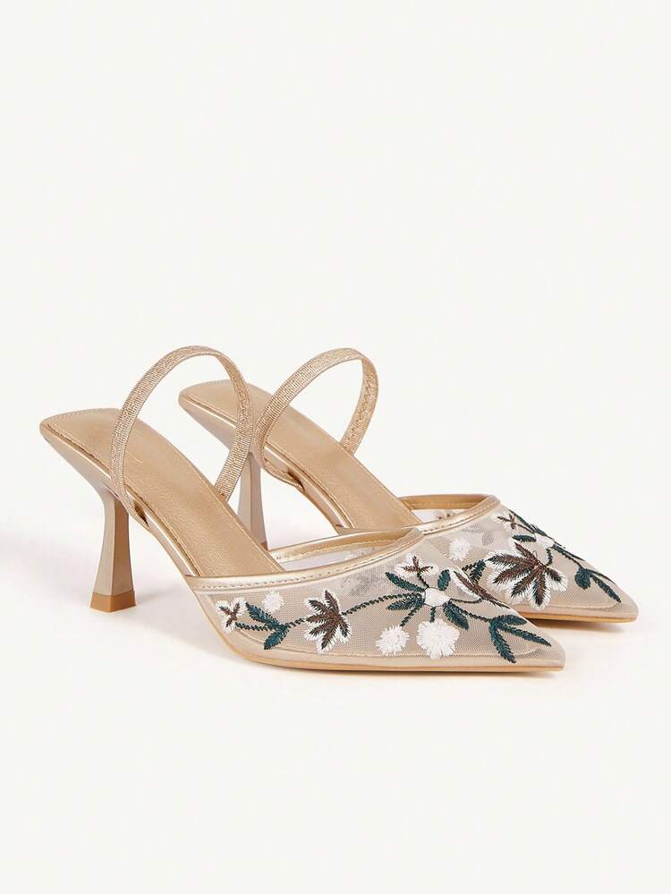 CUCCOO CHICEST 女性用シャンパンフローラル刺繍レースポインテッドトゥスティレットミドルヒールエレガントなロマンチックなヴィンテージファッションハイヒールミュールスリッポンシューズ、ウェディングゲスト、フォーマルな機会、ハロウィン、クリスマス、感謝祭に適しています